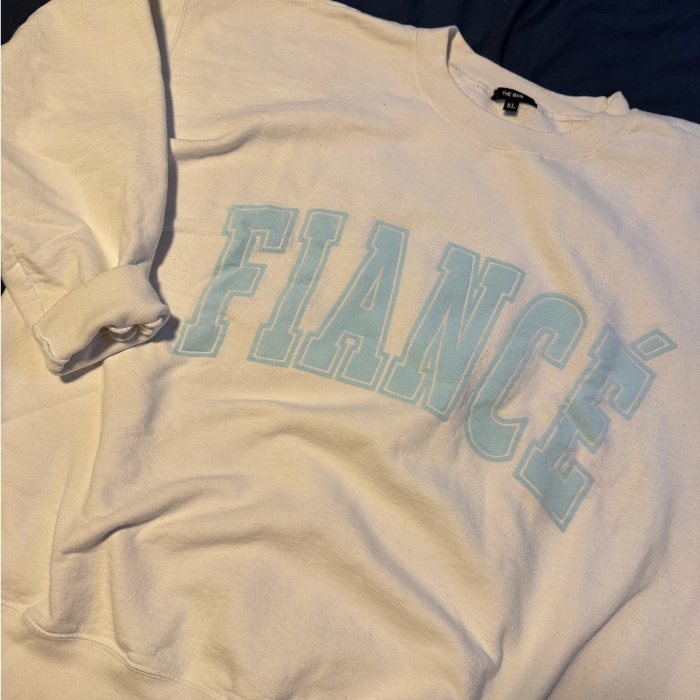 The Bar White Sweatshirt with Blue 'Fiancé' Print
